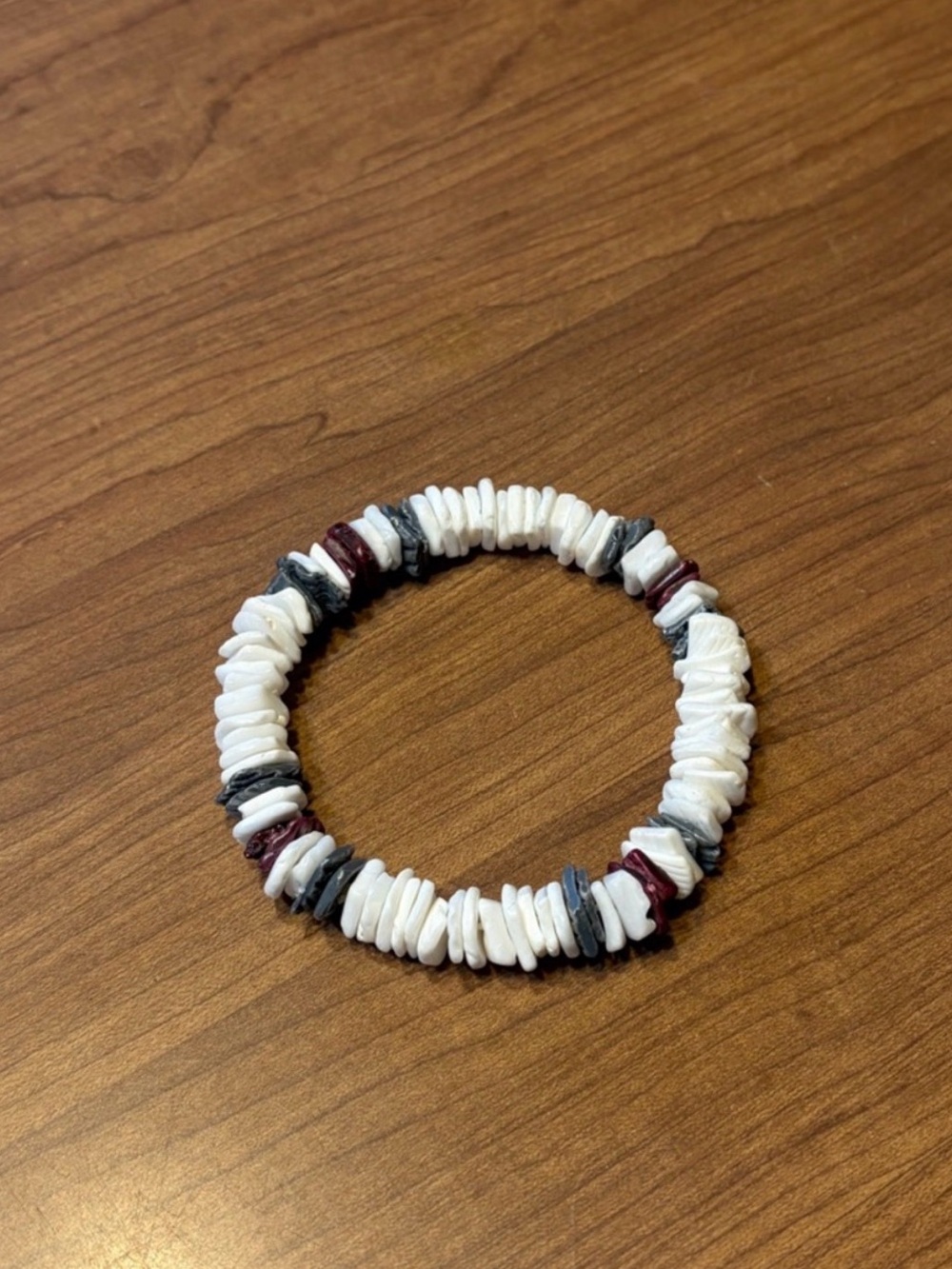 White Shell Chip Stretch Bracelet with Gray and Burgundy Accents